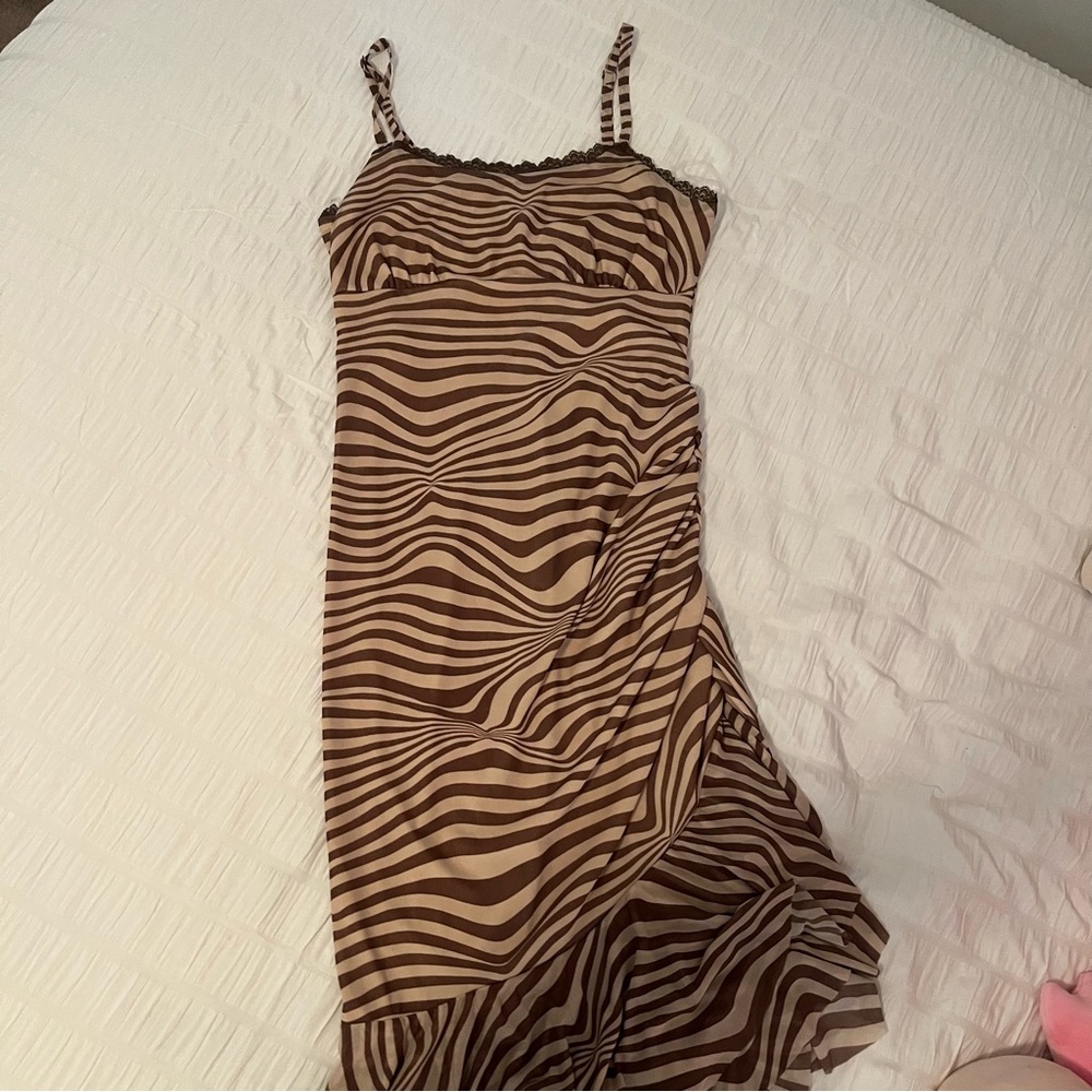 Brown & cream asymmetrical striped dress